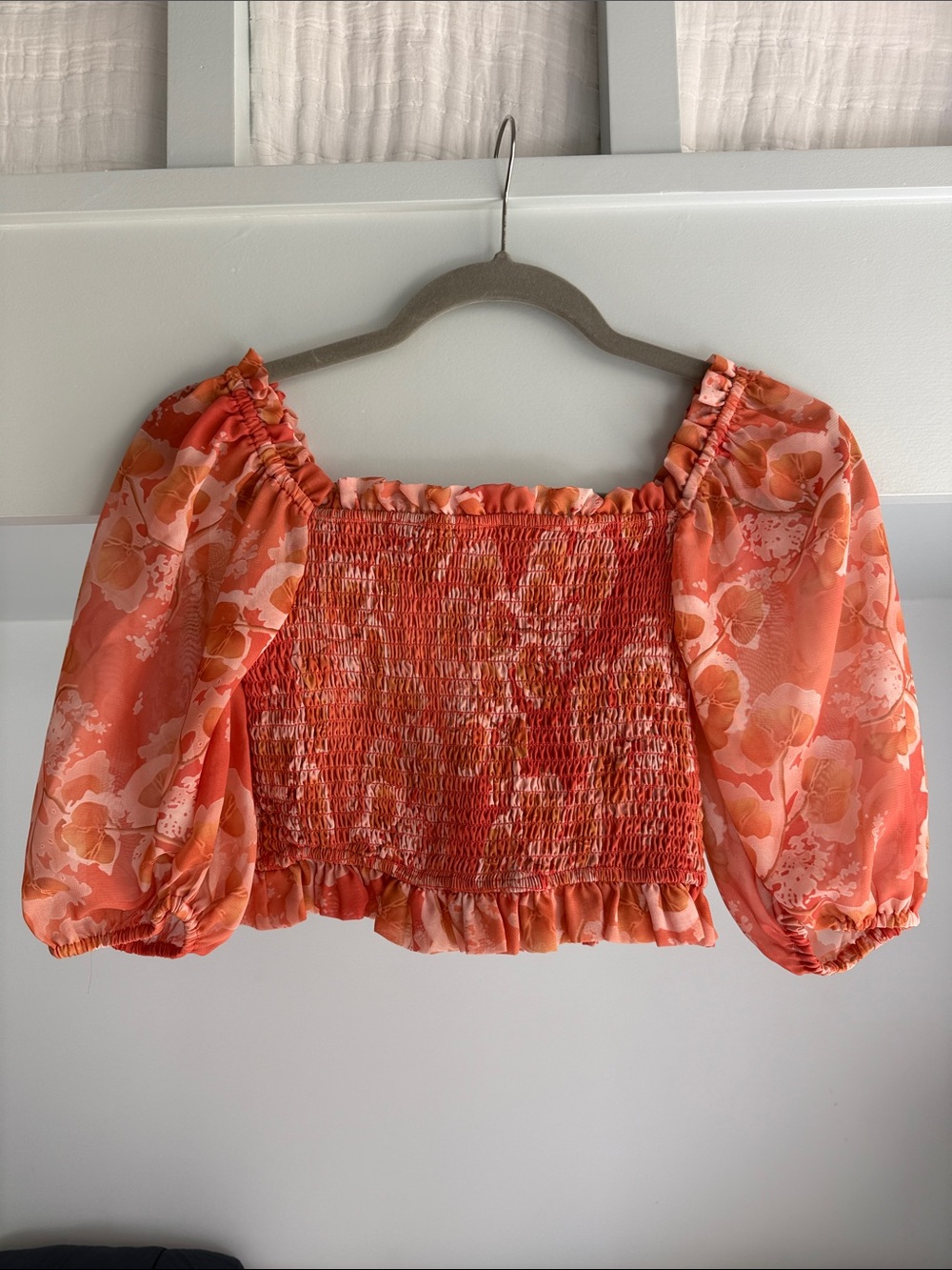 Floral Smocked Off-Shoulder Crop Top in Coral